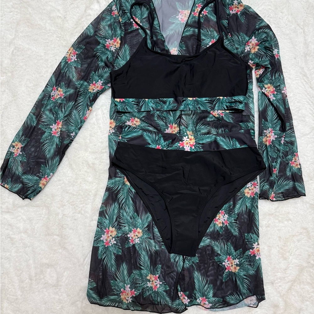 Tropical Black Bikini Set with Cover-Up